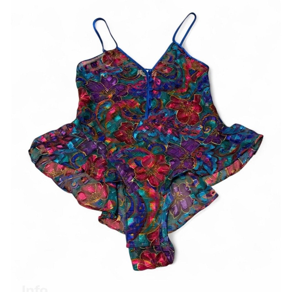 Vintage Victoria's Secret Teddy Bodysuit Small Sheer Floral Satin Romper 90s